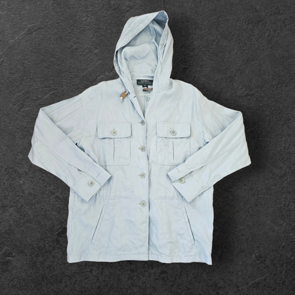 Ralph Lauren 100% linen Baby Blue Pockets Hood Quiet Luxury Windbreaker Jacket M